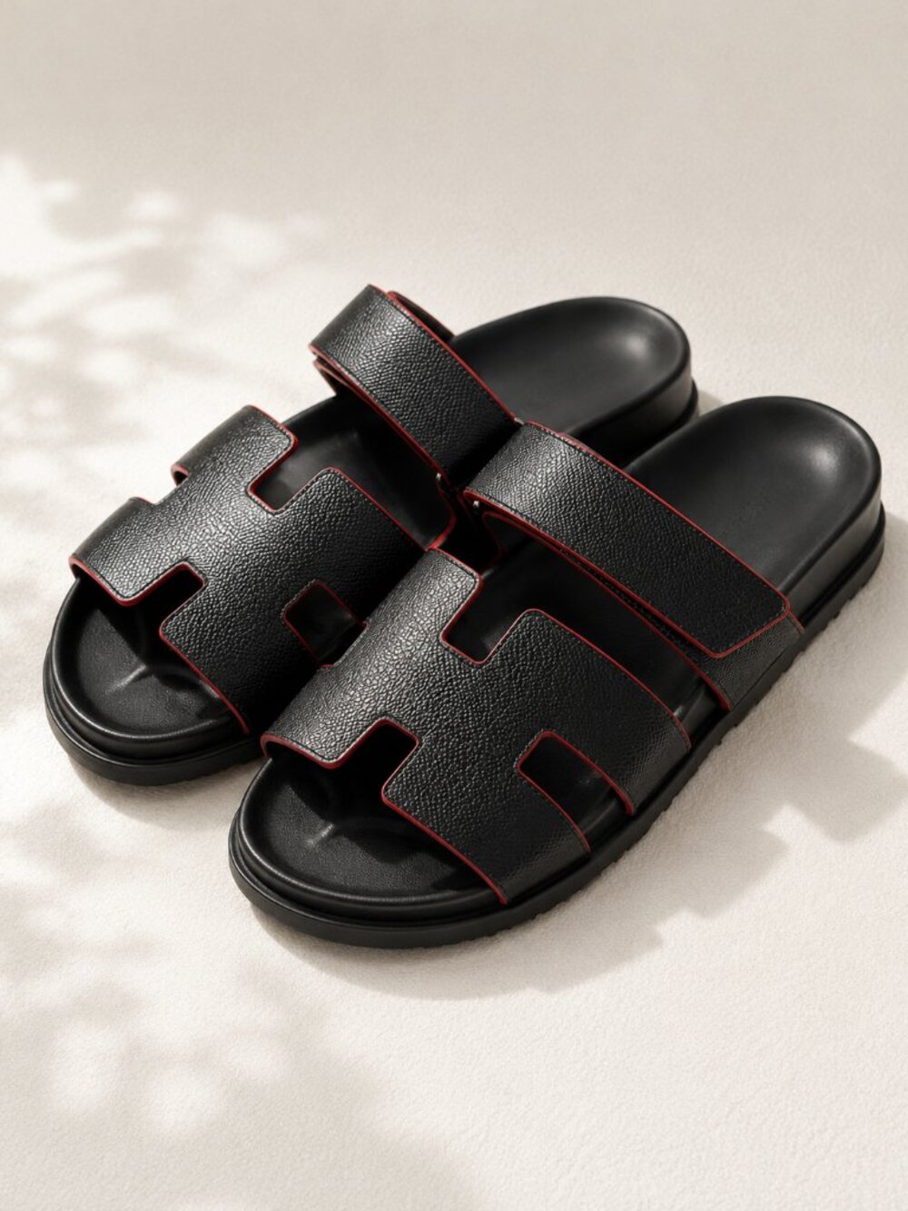 Black Cutout Slide Sandals with Red Trim Adjustable Strap Size 44